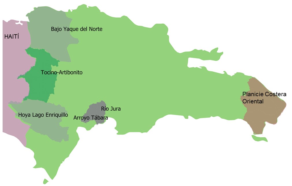Figure 1: Highlight of the five basins included in the bankable investment portfolio for financing climate change projects in the Dominican Republic. (Image developed by Viridia Projects, 2021) 