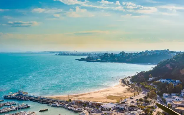 Panoramic coastal view of Sidi Bou Said near Tunis, Tunisia, showing a curved sandy beach, turquoise sea, a marina with small boats in the foreground, and white buildings along a hillside under a partly cloudy sky.