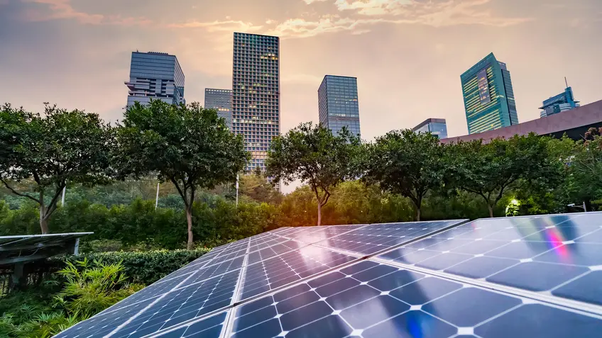 city with solar panels